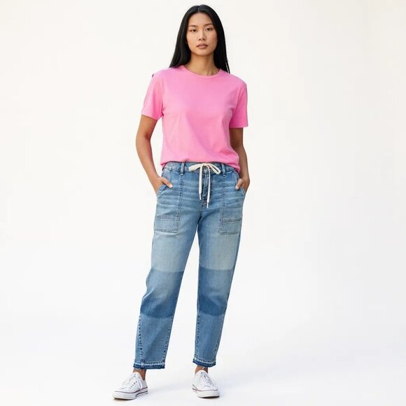 UpWest Relaxed Leg Boho Jeans Size Large Drawstring Released Hem Elastic Back - Picture 1 of 13